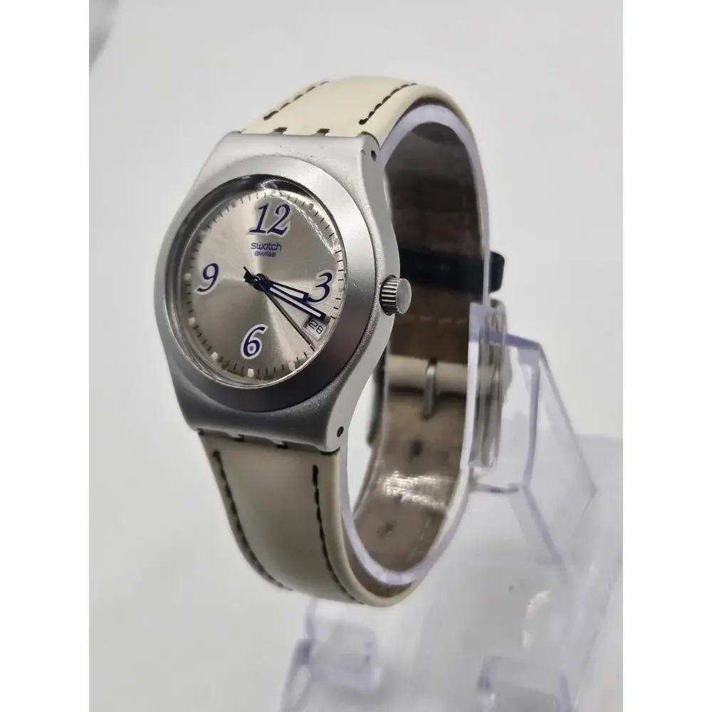Swatch Women's Silver Case White Strap Watch with Blue Accents